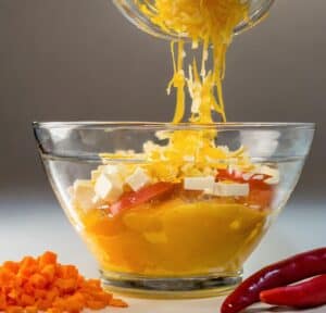 adding-shredded-cheese-and-diced-vegetables-to-the-egg-milk-mixture-in-a-bowl